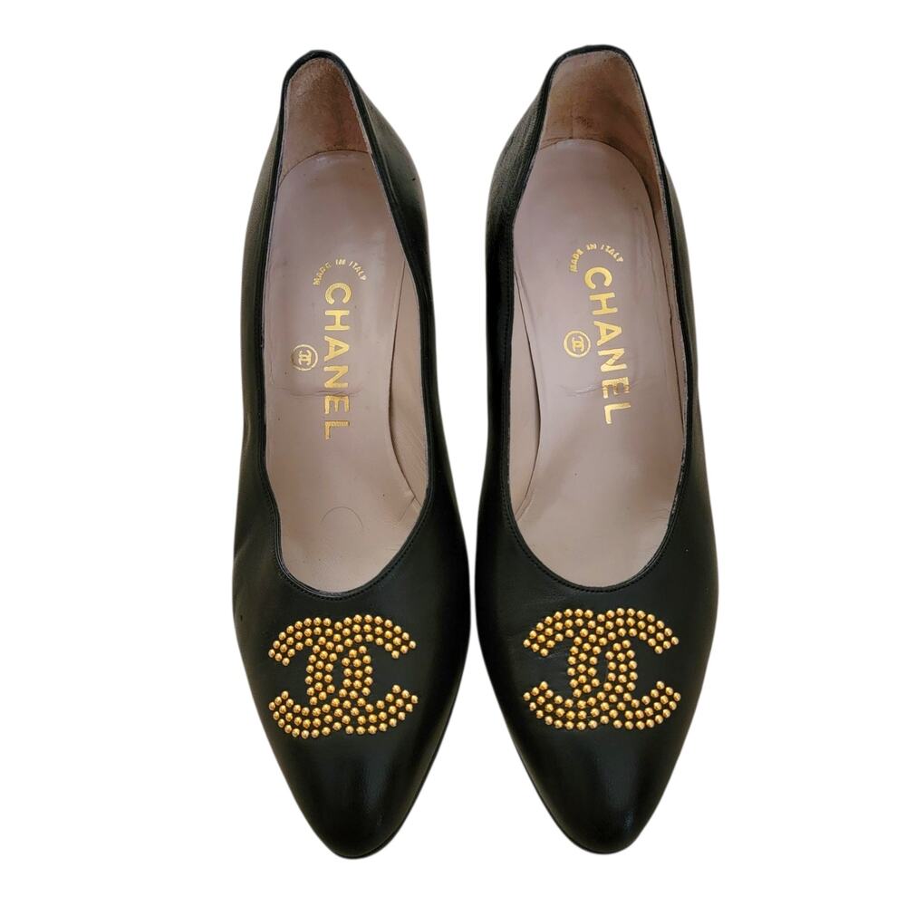 Chanel Vintage CC Logo Black Leather Kitten Heel Pumps IT 36.5 US 6 - Picture 3 of 10